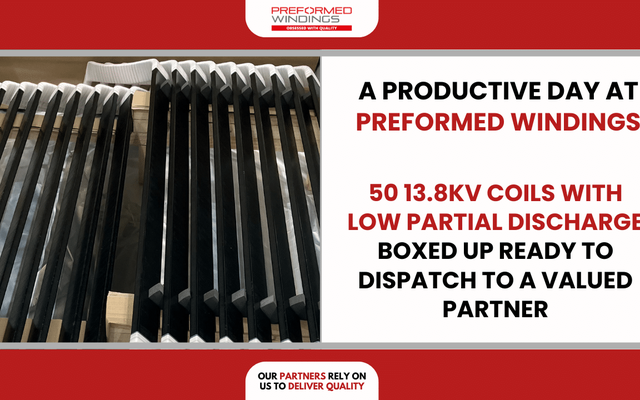 Preformed Windings expertly craft and box up 50 13.8kV high-quality coils for a valued customer