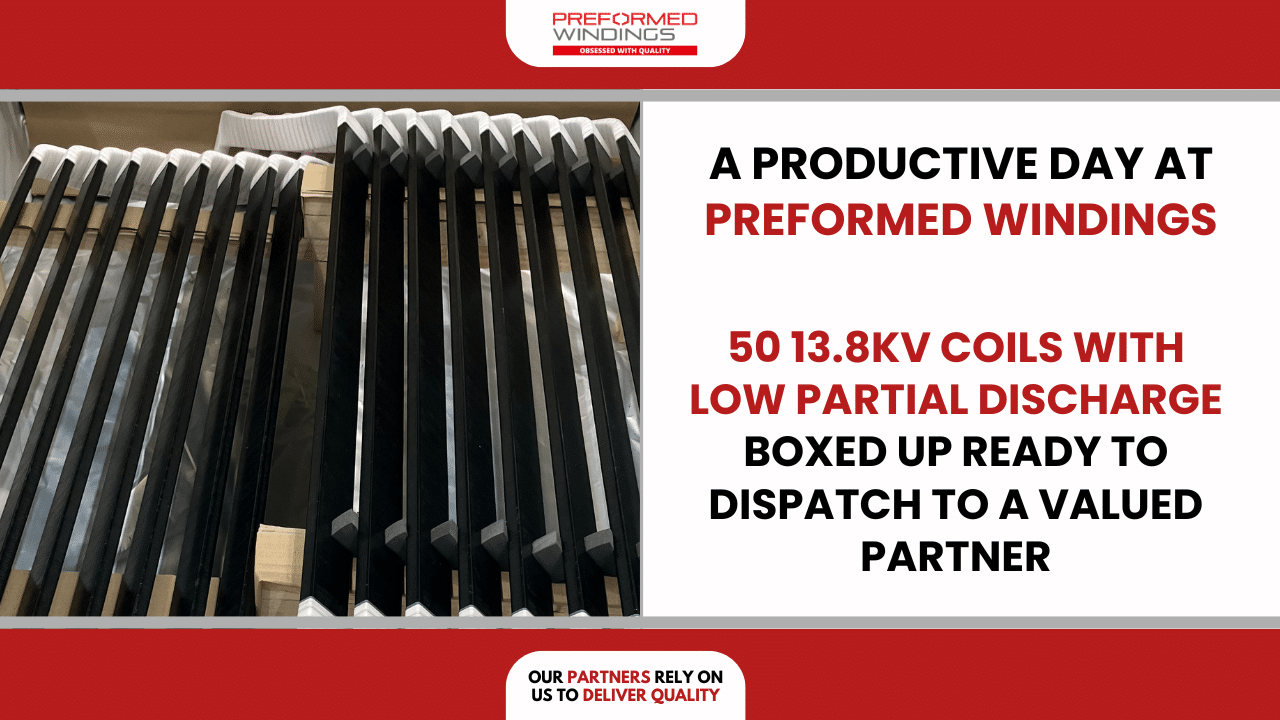 Preformed Windings expertly craft and box up 50 13.8kV high-quality coils for a valued customer