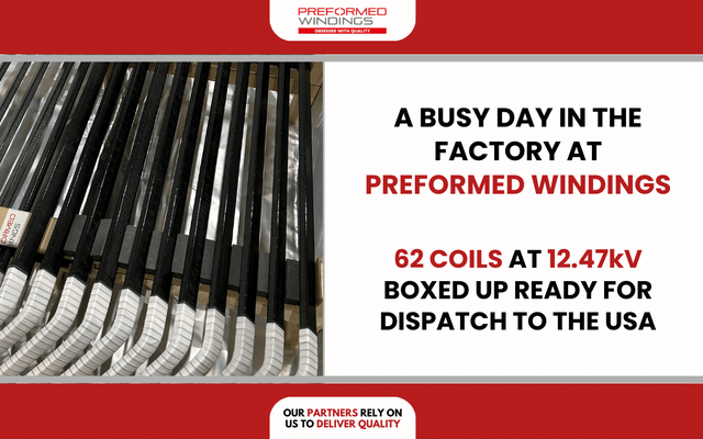 High-quality set of 2-pole coils at 12.47kV boxed up ready for dispatch to USA