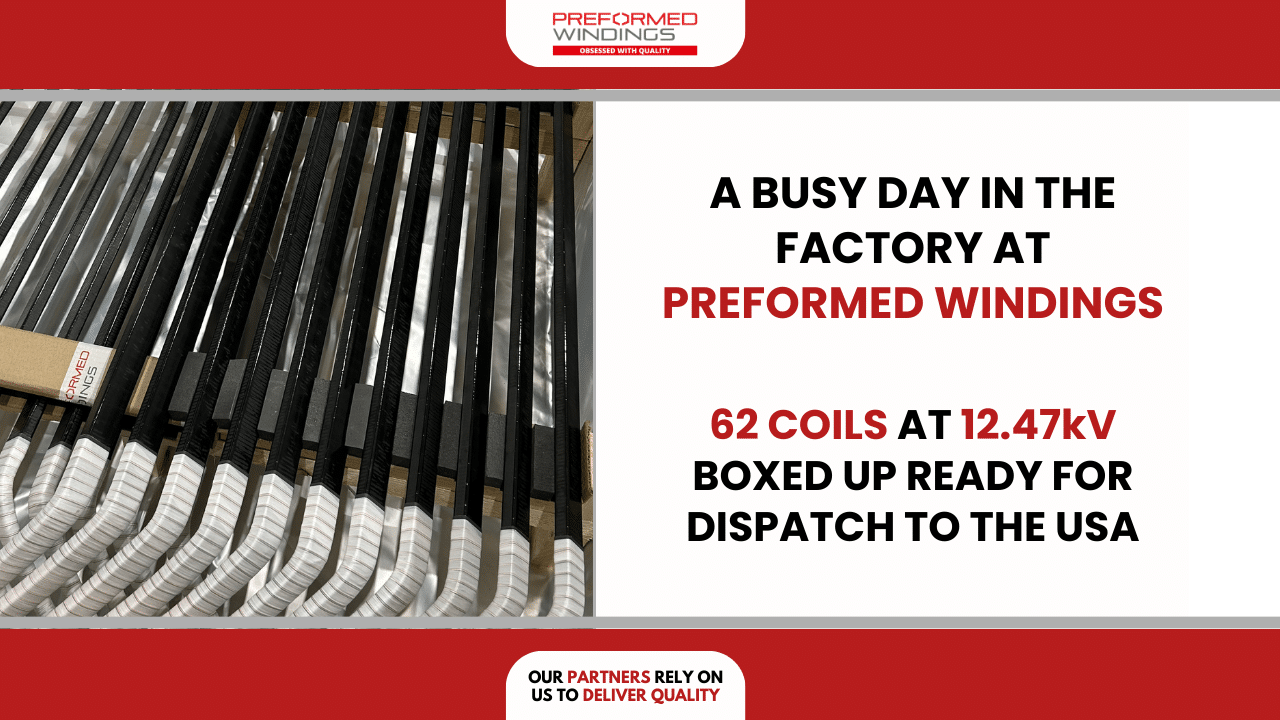 High-quality set of 2-pole coils at 12.47kV boxed up ready for dispatch to USA
