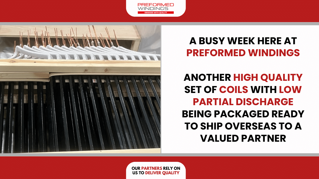 A busy week for Preformed Windings, with high-voltage diamond coils packaged ready to ship to an international customer