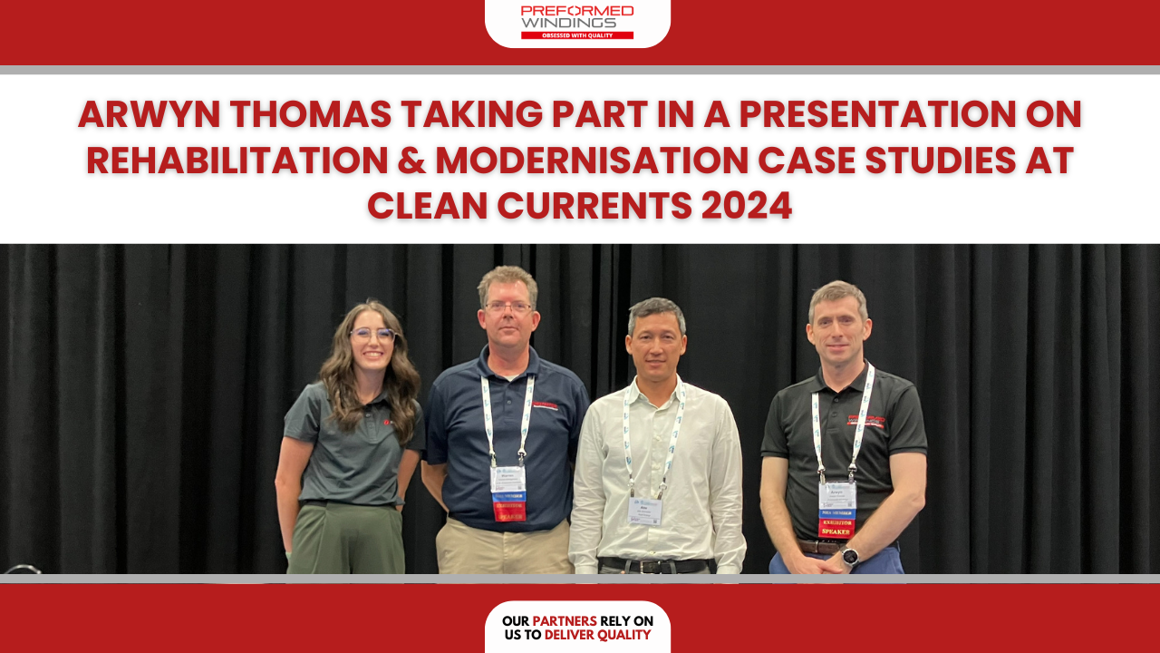 Preformed Windings employee Arwyn Thomas presenting at Clean Currents 2024