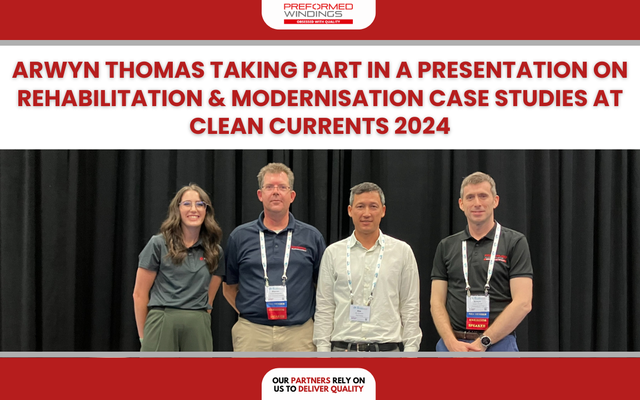 Preformed Windings employee Arwyn Thomas presenting at Clean Currents 2024
