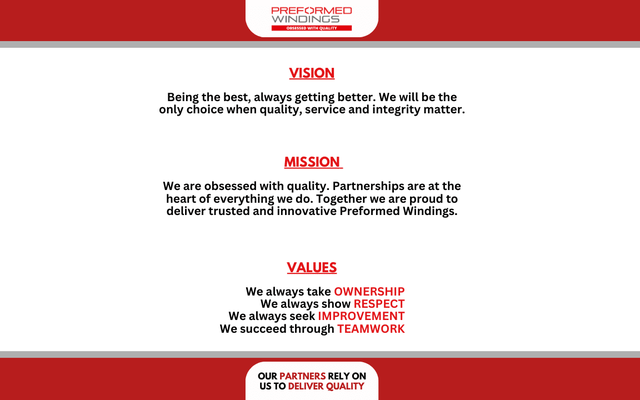 Preformed Windings announce Vision, Mission, Values scheme