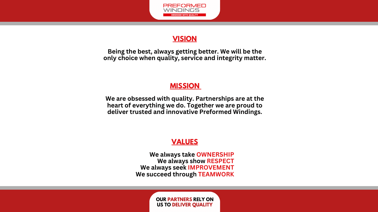 Preformed Windings announce Vision, Mission, Values scheme